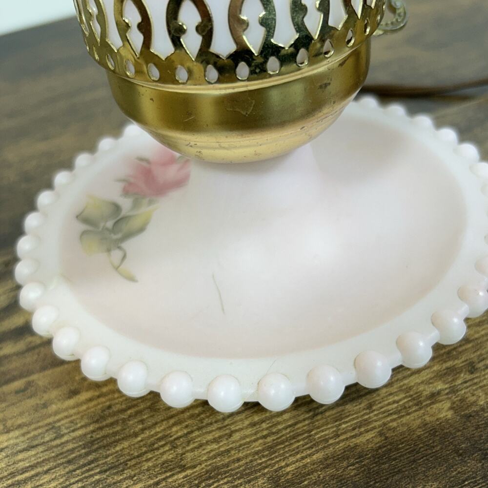 VTG Pink Hurricane Lamp Hand Paint Roses Milk Glass Works 11” Scalloped Hobnail - Picture 7 of 11